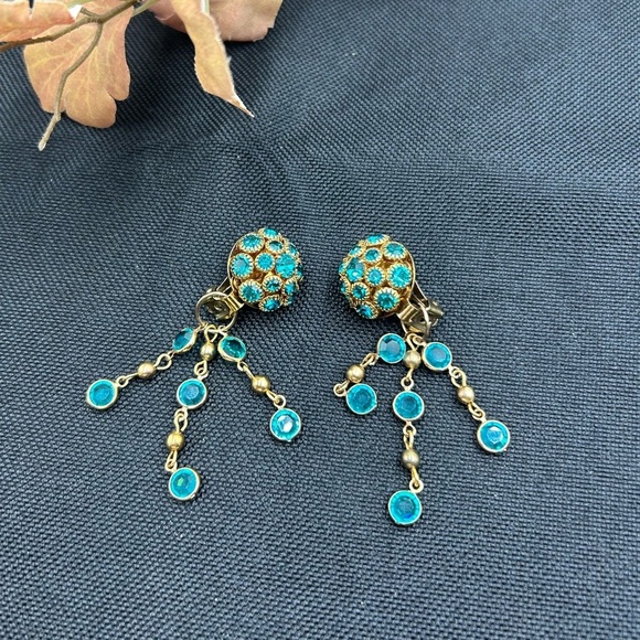 Vintage Turquoise Crystal Convertible Drop Dangle Clip On Earrings - Picture 3 of 6